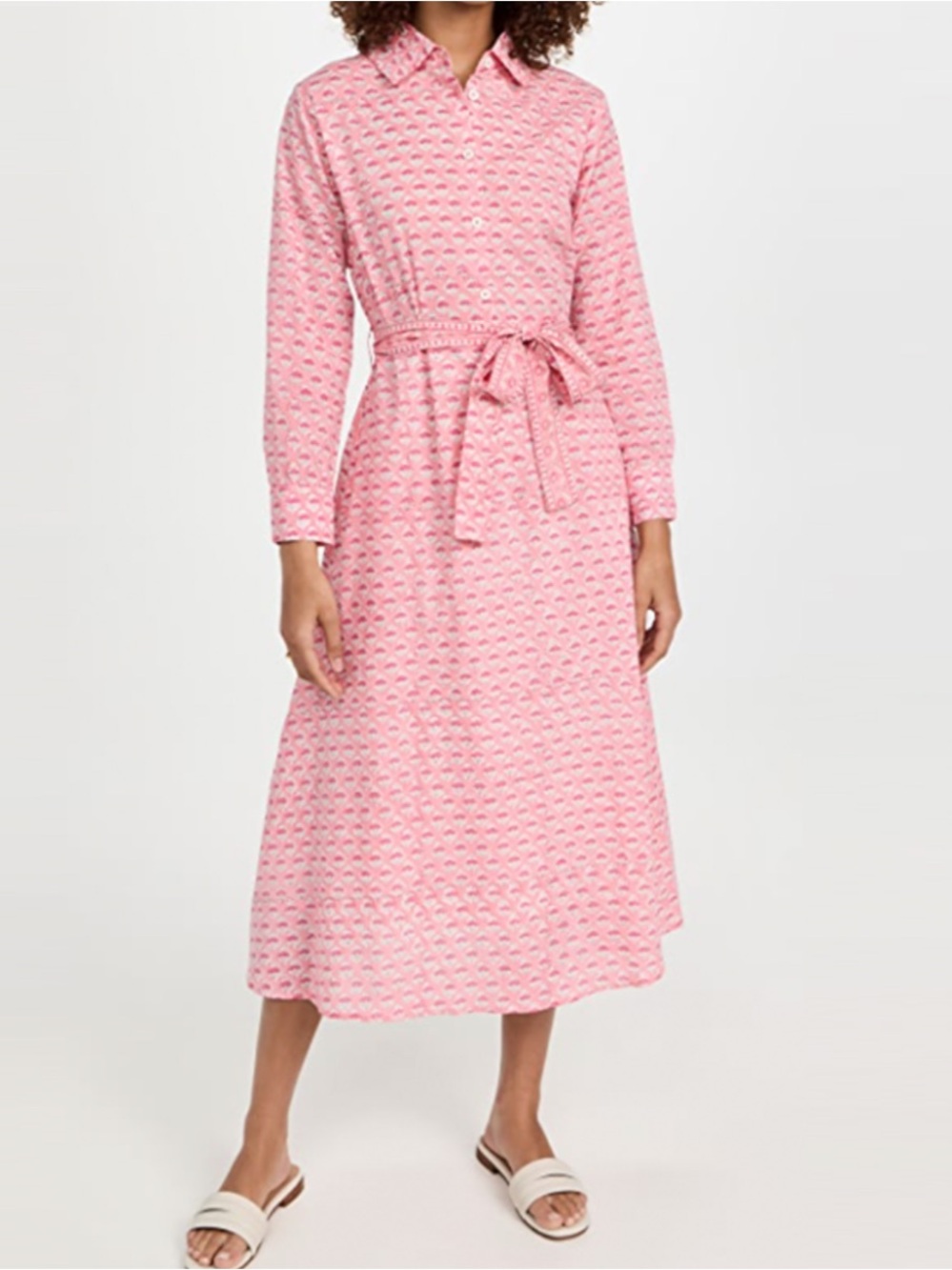 Marea by Liz Joy Midi Shirt Dress Pink Block Printed with Waist Tie Medium